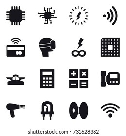 16 Vector Icon Set : Chip, Lightning, Wireless, Tap To Pay, Virtual Mask, Infinity Power, Cpu, Scales, Calculator, Intercome, Hair Dryer