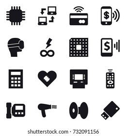 16 Vector Icon Set : Chip, Notebook Connect, Tap To Pay, Phone Pay, Virtual Mask, Infinity Power, Cpu, Mobile Pay, Calculator, Atm, Remote Control, Intercome, Hair Dryer