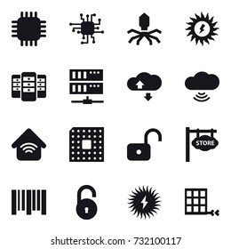16 vector icon set : chip, virus, sun power, server, cloude service, cloud wireless, wireless home, cpu, unlock, store signboard
