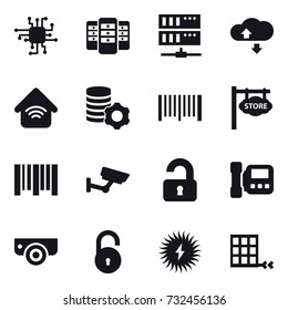 16 vector icon set : chip, server, cloude service, wireless home, virtual mining, barcode, store signboard, surveillance, unlocked, intercome, surveillance camera
