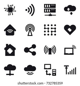 16 vector icon set : chip, wireless, server, cloude service, wireless home, antenna, smart house