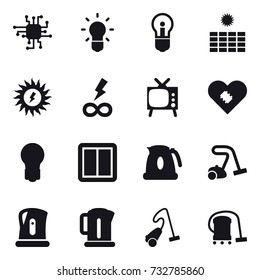 16 vector icon set : chip, bulb, sun power, infinity power, tv, power switch, kettle, vacuum cleaner