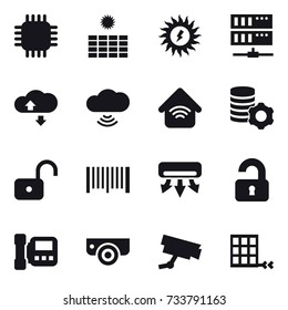 16 vector icon set : chip, sun power, server, cloude service, cloud wireless, wireless home, virtual mining, unlock, barcode, air conditioning, unlocked, intercome, surveillance camera