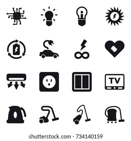 16 vector icon set : chip, bulb, sun power, battery charge, electric car, infinity power, air conditioning, power socket, power switch, tv, kettle, vacuum cleaner