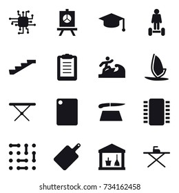 16 vector icon set : chip, presentation, graduate hat, hoverboard, stairs, surfer, windsurfing, iron board, cutting board, utility room