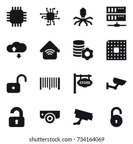 16 vector icon set : chip, virus, server, cloude service, wireless home, virtual mining, cpu, unlock, barcode, store signboard, surveillance, unlocked, surveillance camera