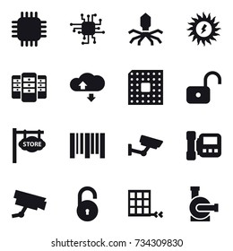 16 vector icon set : chip, virus, sun power, server, cloude service, cpu, unlock, store signboard, surveillance, intercome, water pump