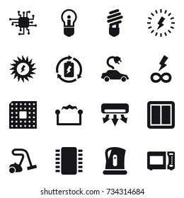 16 vector icon set : chip, bulb, lightning, sun power, battery charge, electric car, infinity power, cpu, electrostatic, air conditioning, power switch, vacuum cleaner, kettle