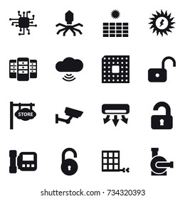 16 vector icon set : chip, virus, sun power, server, cloud wireless, cpu, unlock, store signboard, surveillance, air conditioning, unlocked, intercome, water pump