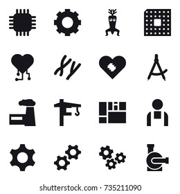 16 vector icon set : chip, gear, dna modify, cpu, cardio chip, draw compass, factory, tower crane, gears, water pump