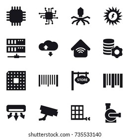 16 vector icon set : chip, virus, sun power, server, cloude service, wireless home, virtual mining, cpu, barcode, store signboard, air conditioning, water pump