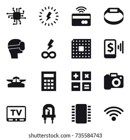 16 Vector Icon Set : Chip, Lightning, Tap To Pay, Smart Bracelet, Virtual Mask, Infinity Power, Cpu, Mobile Pay, Scales, Calculator, Camera, Tv