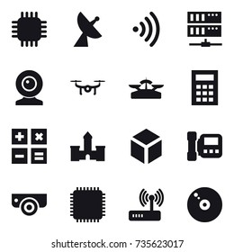 16 vector icon set : chip, satellite antenna, wireless, server, web cam, drone, scales, calculator, castle, 3d, intercome, surveillance camera