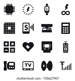 16 vector icon set : chip, lightning, smartwatch, infinity power, cpu, mobile pay, market scales, calculator, atm, remote control, intercome, tv