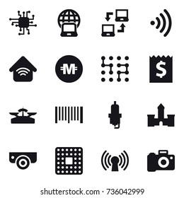 16 vector icon set : chip, notebook globe, notebook connect, wireless, wireless home, crypto currency, receipt, scales, barcode, spark plug, castle, surveillance camera