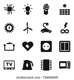 16 vector icon set : chip, bulb, sun power, windmill, electric car, infinity power, electrostatic, power socket, power switch, tv, kettle