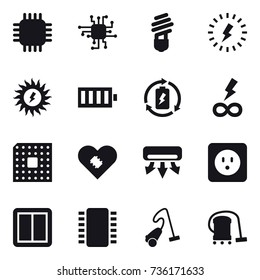 16 vector icon set : chip, bulb, lightning, sun power, battery, battery charge, infinity power, cpu, air conditioning, power socket, power switch, vacuum cleaner