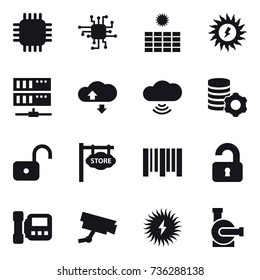 16 vector icon set : chip, sun power, server, cloude service, cloud wireless, virtual mining, unlock, store signboard, unlocked, intercome, water pump