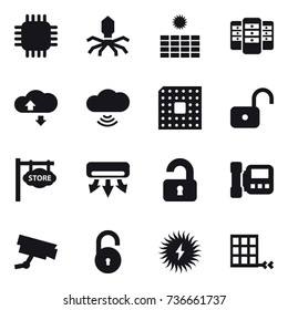 16 vector icon set : chip, virus, sun power, server, cloude service, cloud wireless, cpu, unlock, store signboard, air conditioning, unlocked, intercome
