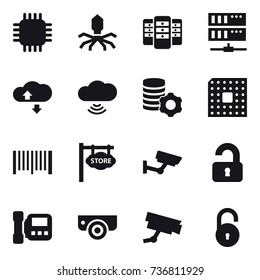 16 vector icon set : chip, virus, server, cloude service, cloud wireless, virtual mining, cpu, barcode, store signboard, surveillance, unlocked, intercome, surveillance camera