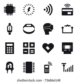 16 vector icon set : chip, lightning, wireless, tap to pay, smartwatch, smart bracelet, virtual mask, electrostatic, calculator, atm