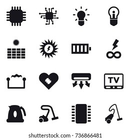 16 vector icon set : chip, bulb, sun power, battery, infinity power, electrostatic, air conditioning, tv, kettle, vacuum cleaner
