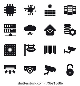 16 vector icon set : chip, sun power, server, cloud wireless, wireless home, virtual mining, cpu, store signboard, surveillance, air conditioning, surveillance camera