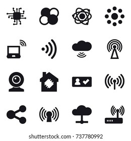 16 vector icon set : chip, atom core, atom, round around, notebook wireless, wireless, cloud wireless, antenna, web cam, smart house, check in