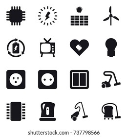 16 vector icon set : chip, lightning, sun power, windmill, battery charge, tv, bulb, power socket, power switch, vacuum cleaner, kettle