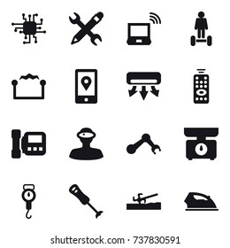 16 vector icon set : chip, pencil wrench, notebook wireless, hoverboard, electrostatic, air conditioning, remote control, intercome, kitchen scales, handle scales, soil cutter, iron