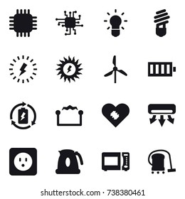 16 vector icon set : chip, bulb, lightning, sun power, windmill, battery, battery charge, electrostatic, air conditioning, power socket, kettle, vacuum cleaner