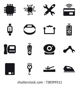 16 vector icon set : chip, pencil wrench, tap to pay, smartwatch, smart bracelet, electrostatic, remote control, intercome, kitchen scales, handle scales, soil cutter, iron