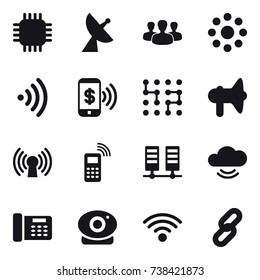 16 vector icon set : chip, satellite antenna, group, round around, wireless, phone pay, loudspeaker