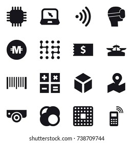 16 vector icon set : chip, notebook, wireless, virtual mask, crypto currency, receipt, scales, barcode, calculator, 3d, surveillance camera