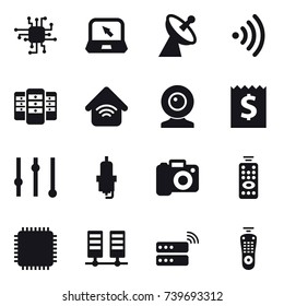 16 vector icon set : chip, notebook, satellite antenna, wireless, server, wireless home, web cam, receipt, equalizer, spark plug, camera, remote control