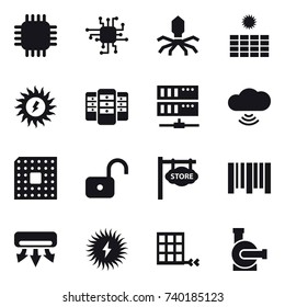 16 vector icon set : chip, virus, sun power, server, cloud wireless, cpu, unlock, store signboard, air conditioning, water pump