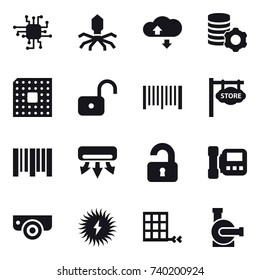 16 vector icon set : chip, virus, cloude service, virtual mining, cpu, unlock, barcode, store signboard, air conditioning, unlocked, intercome, surveillance camera, water pump