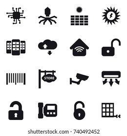16 vector icon set : chip, virus, sun power, server, cloude service, wireless home, unlock, barcode, store signboard, surveillance, air conditioning, unlocked, intercome
