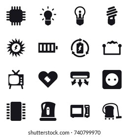 16 vector icon set : chip, bulb, sun power, battery, battery charge, electrostatic, tv, air conditioning, power socket, kettle, vacuum cleaner