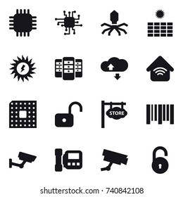 16 vector icon set : chip, virus, sun power, server, cloude service, wireless home, cpu, unlock, store signboard, surveillance, intercome