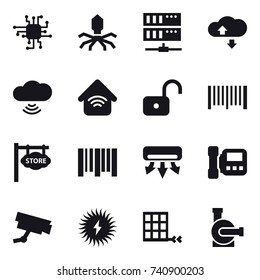16 vector icon set : chip, virus, server, cloude service, cloud wireless, wireless home, unlock, barcode, store signboard, air conditioning, intercome, water pump