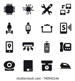 16 vector icon set : chip, pencil wrench, notebook connect, hoverboard, smartwatch, electrostatic, mobile pay, air conditioning, remote control, intercome, kitchen scales, iron