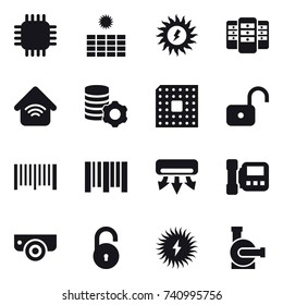 16 vector icon set : chip, sun power, server, wireless home, virtual mining, cpu, unlock, barcode, air conditioning, intercome, surveillance camera, water pump