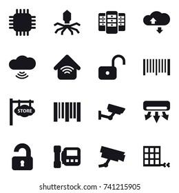 16 vector icon set : chip, virus, server, cloude service, cloud wireless, wireless home, unlock, barcode, store signboard, surveillance, air conditioning, unlocked, intercome