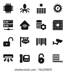 16 vector icon set : chip, virus, sun power, server, wireless home, virtual mining, cpu, unlock, store signboard, surveillance, air conditioning, intercome