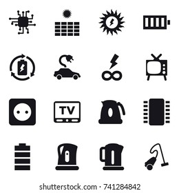 16 vector icon set : chip, sun power, battery, battery charge, electric car, infinity power, tv, power socket, kettle, vacuum cleaner