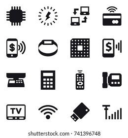16 vector icon set : chip, lightning, notebook connect, tap to pay, phone pay, smart bracelet, cpu, mobile pay, market scales, calculator, remote control, intercome, tv
