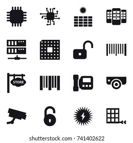 16 vector icon set : chip, sun power, server, cpu, unlock, barcode, store signboard, intercome, surveillance camera