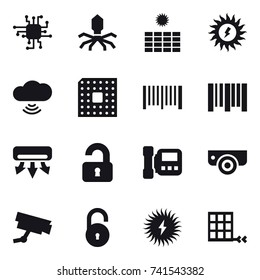 16 vector icon set : chip, virus, sun power, cloud wireless, cpu, barcode, air conditioning, unlocked, intercome, surveillance camera