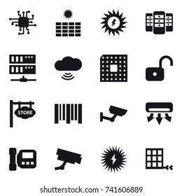 16 vector icon set : chip, sun power, server, cloud wireless, cpu, unlock, store signboard, surveillance, air conditioning, intercome
